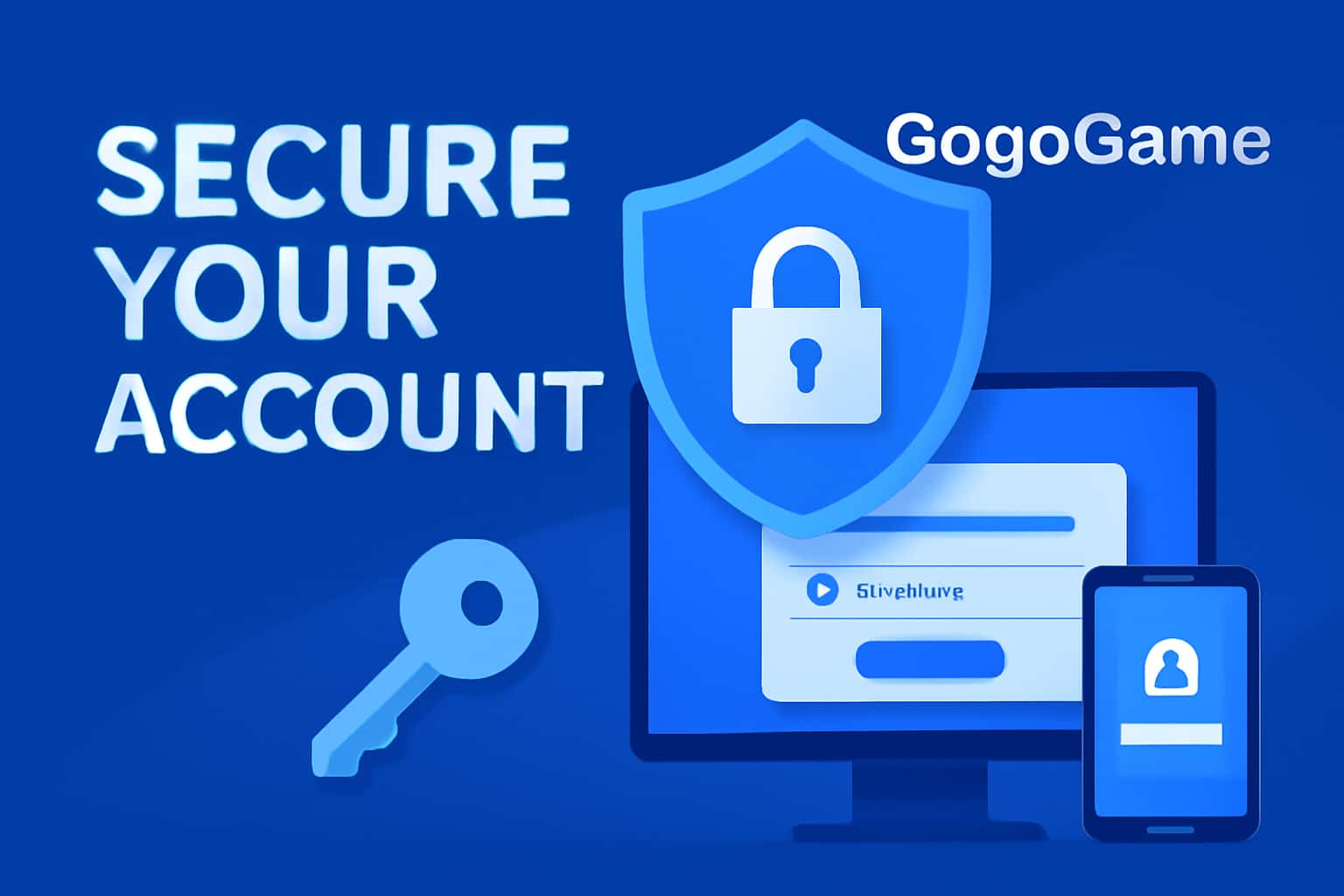 A futuristic depiction of account security measures for GogoGame with the title secure prominently displayed.
